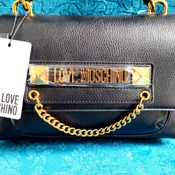 ❤️ NWT-Love Moschino-Stud Black Leather Shoulder Bag - Picture 4 of 7